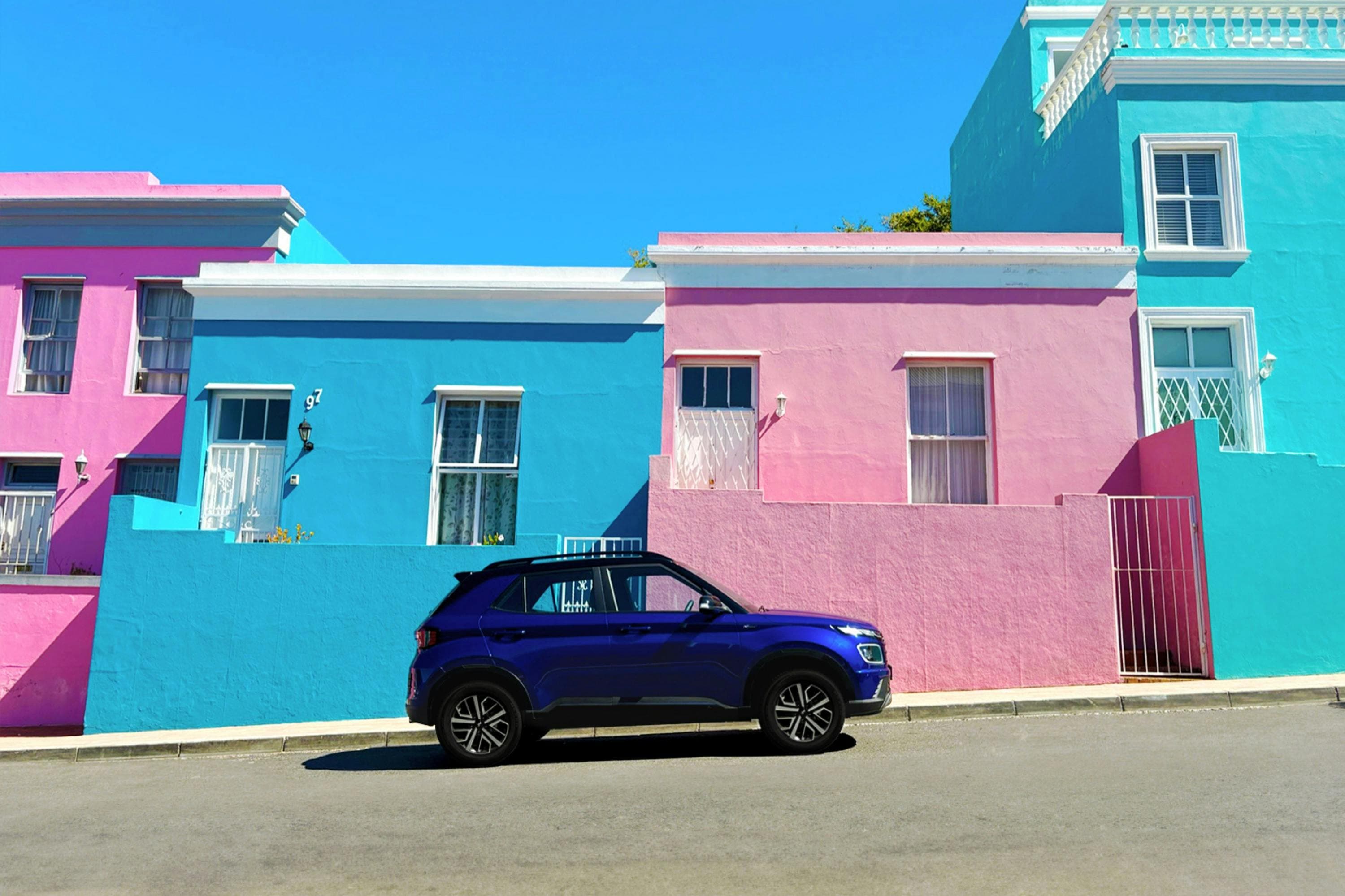 A street scene in Bo-Kaap with colorful houses.